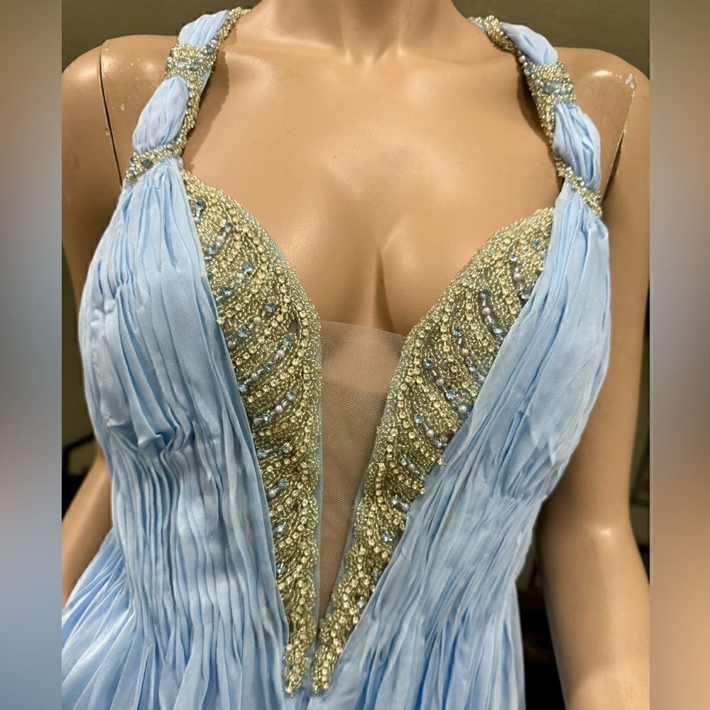 New Gorgeous Light Blue Beaded Chiffon Gown With Shawl - Picture 7 of 16